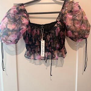 For Love & Lemons Black Sheer Puff-Sleeve Floral Crop Top - Pink Floral